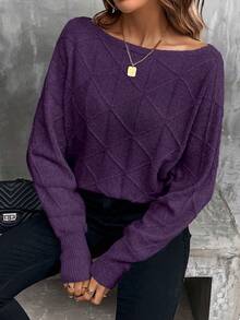 EMERY ROSE Women's Casual Solid Color Batwing Sleeve Sweater, Autumn/Winter - Purple - View 6