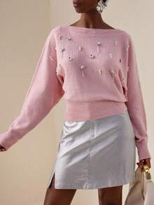 Vesra Loose Design 3D Floral Rhinestone & Pearl Embellished Versatile Women Sweater - Pink - View 1