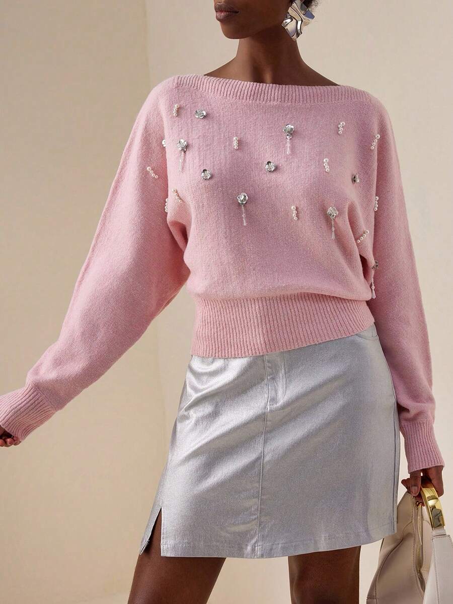 Vesra Loose Design 3D Floral Rhinestone & Pearl Embellished Versatile Women Sweater - Pink - View 1