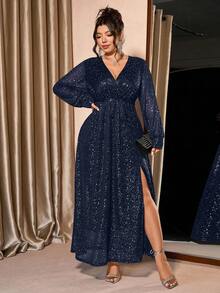 Cravure Váy dài tay cổ chữ V họa tiết lá vàng thanh lịch xẻ tà bên hông cỡ lớn cho nữ - Màu xanh hải quân - Xem 5