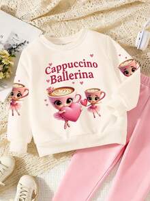 SHEIN 2 pezzi/set Outfit casual e alla moda per bambine e ragazze, con stampa grafica di tazza e ballerina, felpa girocollo beige e leggings neri, completo caldo e confortevole personalizzato per giovani ragazze in autunno/inverno - Multicolore - Visualizzare 5