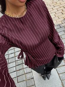 Siren Gaze Áo sơ mi nữ dáng ôm dáng đi làm có chi tiết thắt eo Áo sơ mi sọc cổ tròn tay dài dành cho nữ, thích hợp mặc đi làm và đi làm công sở Giáo viên nữ Mùa đông Giáng sinh Đỏ Năm mới Đỏ tía - Màu Đỏ Sâu - Xem 5