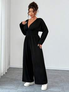 EMERY ROSE 加大码 V 领柔软针织可调节肩部连体裤，腰部有抽绳，舒适休闲、居家、旅行和度假穿着 - 黑色 - 查看 3