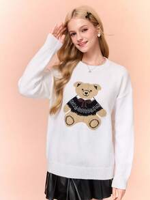 Casual Cute Bear Print Sweater For Teen Girl Suitable For School And Outdoor Wear Fall Winter - White - View 3
