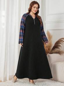 Lacomfia Plus Size Elegant Casual Plaid Patchwork Dress - Black - View 3