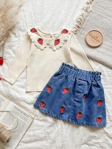 Vintaside Kids 女宝宝米色T恤和高腰牛仔裙两件套秋冬 - 彩色 - 查看 3