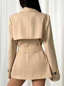 SHEIN EZwear 卡其色长袖简约双排扣中长款收腰风衣，适合秋冬季休闲日常穿搭 - 卡其色 - 查看 2