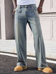 ROMWE MEN Street Life 男士时尚水钻装饰宽松口袋牛仔裤 - 藍色 - 查看 3