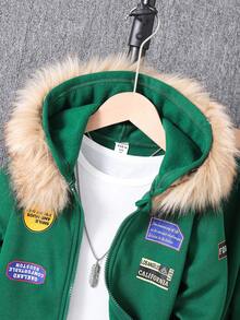 SHEIN 2 件套年轻男孩标语印花拉链连帽运动衫和运动裤休闲装，秋冬 - 綠色 - 查看 5