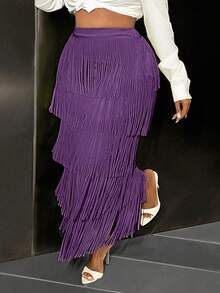 Slaydiva 女士优雅高端牛油果绿色流苏迷你裙 - 紫色 - 查看 5