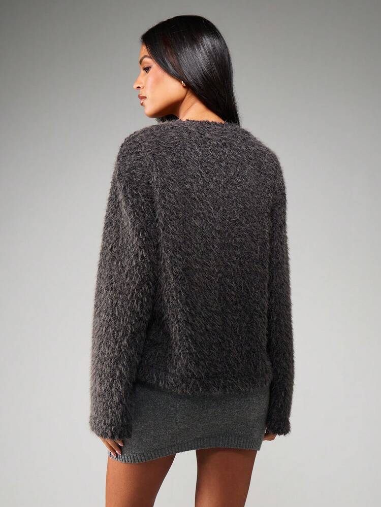 MISSGUIDED Chaqueta de invierno de punto suave con cierre de broche, manga larga, cálido suéter de invierno