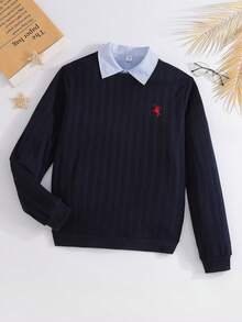 SHEIN 1 st tonårspojke gentleman-stil enfärgad marinblå rund halsad tröja för casual, mångsidig och snygg för affärer, skola, födelsedagsfest, vardagskläder, elegant och minimalistisk design - Marinblå - Visa 3