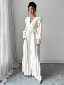 Selianne 女士优雅两件套：高品质披肩领上衣和 3D 花卉阔腿连体裤 - 杏色 - 查看 5