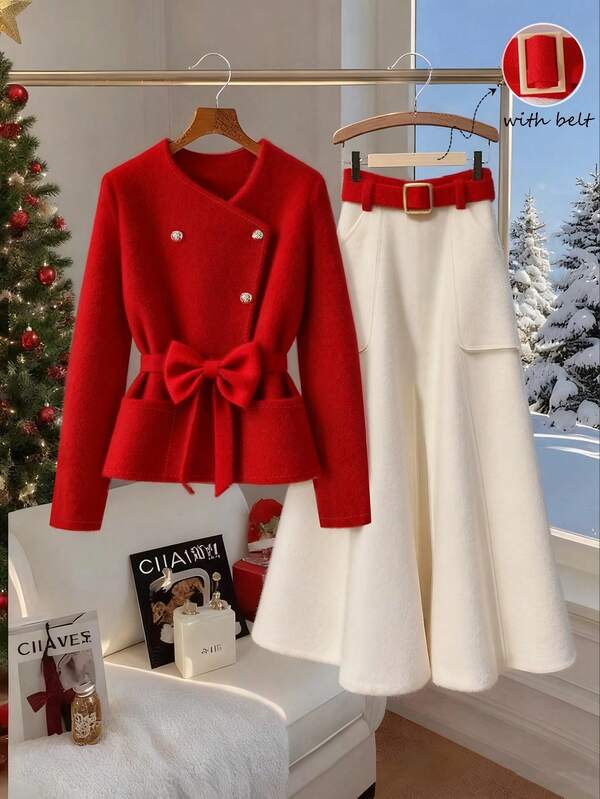 GlowEve Women's Single-Breasted Wool Coat & A-Line Skirt Elegant Casual Commute Fashion Christmas New Year French Street Vintage Business Holiday Red Jacket & Skirt Autumn/Winter 2-Piece Set