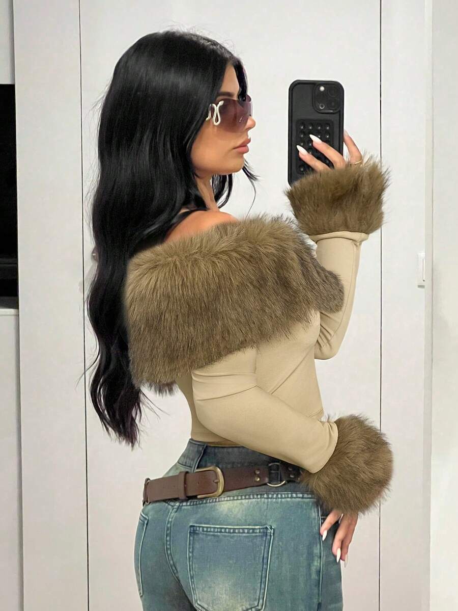 SHEIN ICON Women's Solid Color Fitted Off Shoulder Faux Fur Trim Long Sleeve T-Shirt - Khaki - View 1
