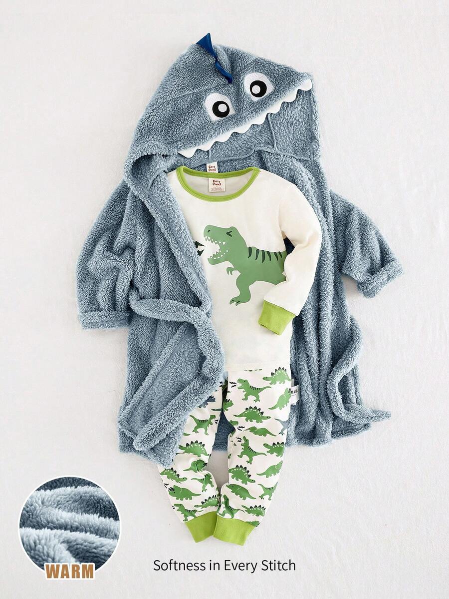Cozy Pixies 毛绒加厚幼儿童男童连帽长袖前开式恐龙角图案浴袍恐龙衣服男童恐龙衣服 - 霧霾藍 - 查看 1
