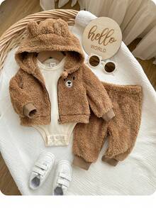 SHEIN 新生儿三件套保暖加厚长袖连体衣、卡通耳朵连帽外套和裤子 - 棕色 - 查看 1