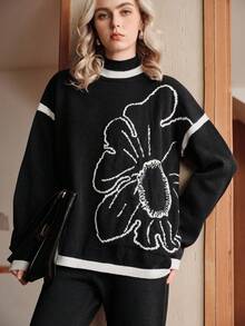 Franclia Women's Elegant Black And White Floral Sweater Set,Contrast Trim Drop Shoulder Knit Top & Long Pants 2 Pieces Set For Autumn Brunch Autumn/Winter - Black - View 9