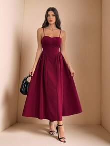 SHEIN Tall 优雅女士长款飘逸细肩带连衣裙，适合日常、约会、外出、夜总会、派对、秋季、女士夏季连衣裙、茶会连衣裙 - 酒紅色 - 查看 9