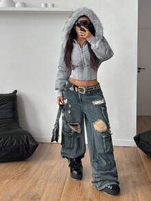 Coolane Women's Winter Streetwear Basic Coat With Flannelette Hat Fuzzy Warm/ Cold Weather/ Thermal Stretchy Tight Waist Black Fur Collar Hat Long Sleeve Padded Coat,Women's Winter Clothes - Grey - View 2