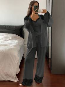 DAZY 3件套蕾丝拼接睡袍，吊带上衣和裤子，女士睡衣套装，秋冬睡衣 - 灰色 - 查看 4