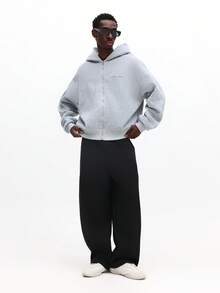 SUMWON 男士短款拉链连帽衫，带抽绳和中央口袋，休闲街头风卫衣外套，纯色 - 灰色 - 查看 3