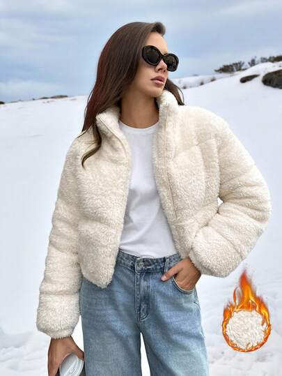 SHEIN Tall 女士休闲纯色仿羊毛短款羽绒夹克，冬季