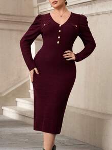 Chikora Plus Size Women Burgundy V-Neck Puff Sleeve Fitted Knit Midi Dress,Autumn Curve Elegant Cocktail Bodycon Ribbed Long Sleeve Work Office Wear Outfits - Burgundy - View 1