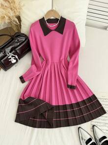 Vestido de suéter con bloqueo de color, plisado en la cintura y dobladillo para niña preadolescente, otoño/invierno