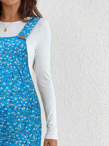 SHEIN Fall Clothes,Autumn Clothes,Materity Autumn Clothes Maternity Maternity Casual Vacation Style Ditsy Floral Slant Pocket Lightweight Bib Overall Pants - Blue - View 7