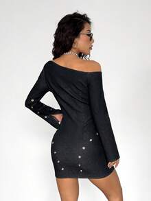 StreetHx Women's Fashion Off-Shoulder Long Sleeve Denim Bodycon Dress - Black - View 2