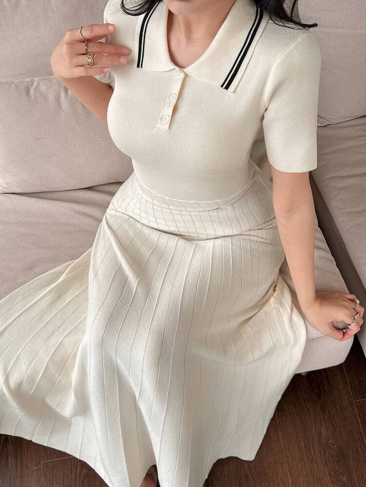 Women's Casual Contrast Color Lapel Pleated Knit Sweater Dress, Autumn