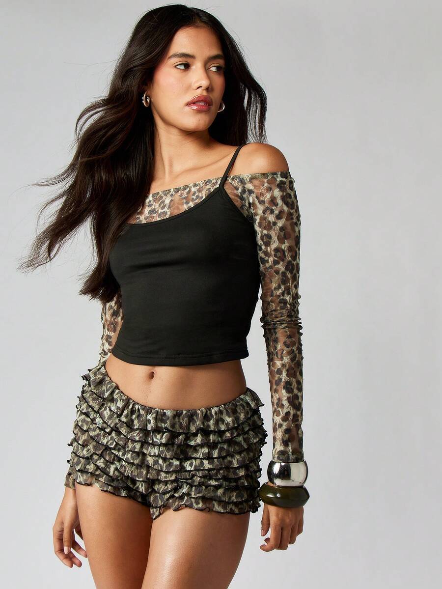 MISSGUIDED Leopardmönstrade volangbyxor med spetsärmar och nät, festival- och festbyxor - Multifärgad - Visa 1