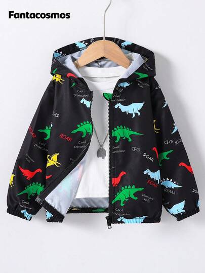 SHEIN Young Boy Letter & Cartoon Dinosaur Print Long Sleeve Zip Front Hooded Jacket Fall Clothing,Fall Clothes For Kids,Long Sleeve,Autumn Clothes Winter