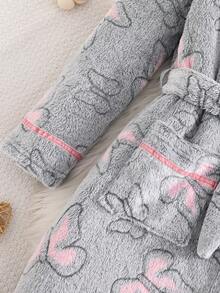 女童毛绒蝴蝶图案连帽束腰家居睡袍 - 灰色 - 查看 4