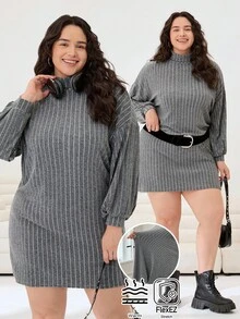 Solflare Plus Size Women Striped Turtleneck Dropped Shoulder Long Sleeve Loose Straight Casual Dress