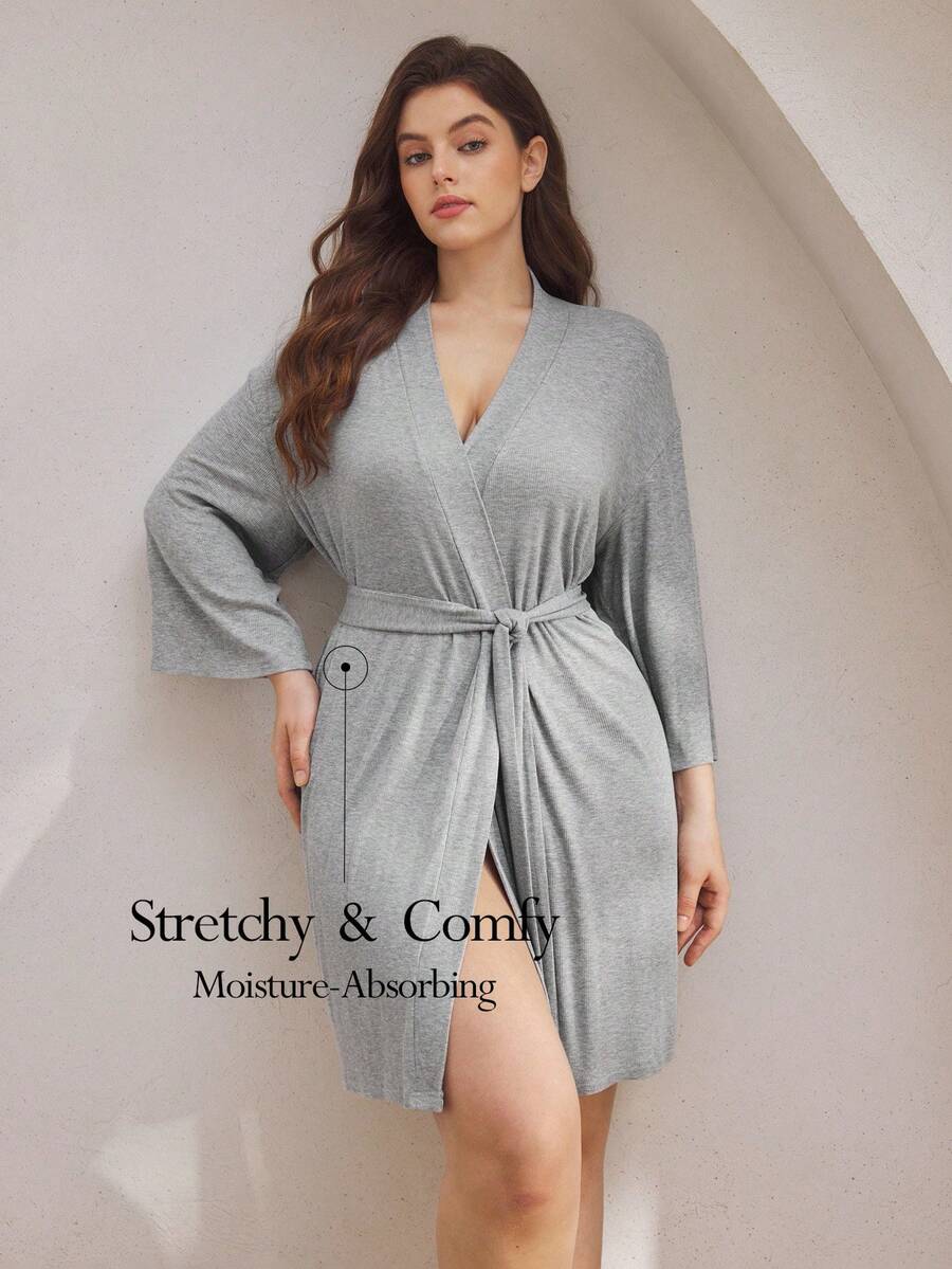 Ocili 柔软、有弹性、舒适的罗纹棉质睡袍,宽松睡衣,加大码,秋季 - 灰色 - 查看 1