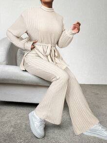 SHEIN Essnce 2pcs Women Casual Basic Long Sleeve Top & Pants Set Modest Two Piece Set Two Piece Lounge Set Beige Two Piece Set Comfortable Two Piece Set - Apricot - View 5