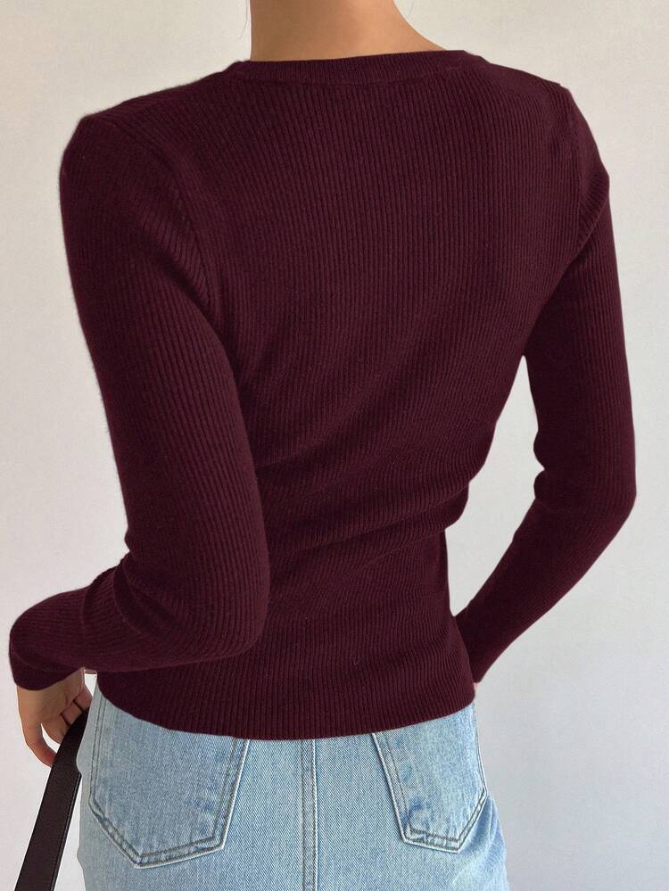 Women's Solid Color Round Neck Raglan Sleeve Ribbed Pullover Sweater