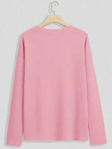 INAWLY 1 件女式简约太阳刺绣灯芯绒圆领长袖 T 恤，送给朋友的礼物 - 粉色 - 查看 2