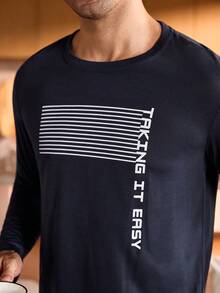 Manfinity Underwear&Sleepwear Basics Men's Letter & Striped Crew Neck Long Sleeve Top And Pants Pajama Set Fall Winter Clothes - Navy Blue - View 5