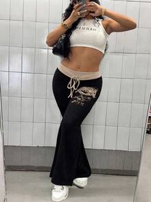 Maweii 大码女式街头风格撞色抽绳腰部前印花修身喇叭裤 - 黑色 - 查看 6