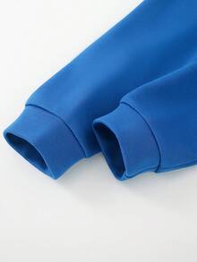 SHEIN 2 件套年轻男孩可爱休闲黄色刺绣运动衫和黑色裤子舒适服装，春季 - 藍色 - 查看 5