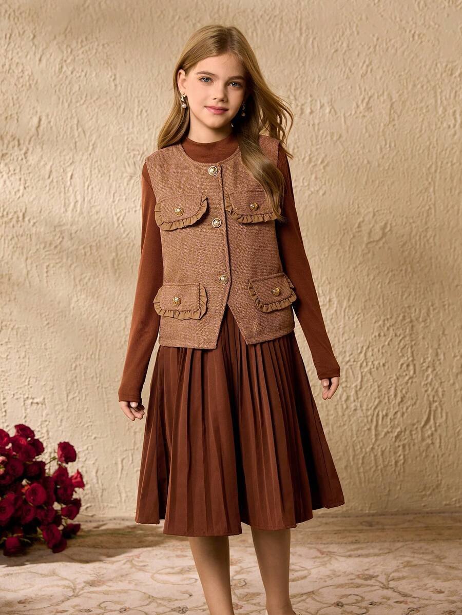 Tween Girl Autumn Korean Style Lady Frill Flap Detail Sleeveless Jacket And Long Sleeve Pleated Hem Dress Set - Multicolor - View 1