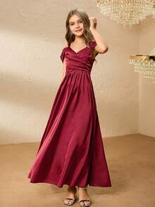 少女缎面露肩 A 字裙，带荷叶边袖，优雅花童礼服，适合婚礼、舞会、生日派对、万圣节、圣诞节 - 酒紅色 - 查看 7