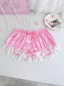 PetitDoll Quần lót nữ màu hồng xếp ly phía sau, nơ, ren, viền ren, kiểu dáng búp bê, cạp cao, thoải mái, kiểu quần short nữ. - Hồng - Xem 6