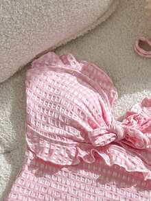 Swim Mod Women's Fashionable & Cute Beachwear, Special Fabric Plaid Flounce Halter Mod One-Piece Swimsuit, Suitable For Resort, Party, Yacht, Spring/Summer - Pink - View 6