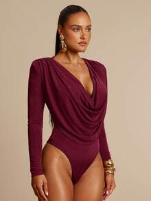 Silquee 橄榄绿色低胸优雅垫肩褶饰长袖紧身衣，适合约会、郊游、婚礼和派对 - 酒紅色 - 查看 7