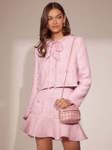 Enchnt 秋冬浪漫女士粉色花式纱线流苏粗花呢精致珍珠纽扣装饰蝴蝶结领长袖公主外套，别致优雅时尚，适合派对、约会、节日、毕业典礼、外出、万圣节、圣诞节、秋季、新年等场合。 - 粉色 - 查看 5