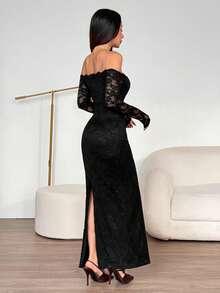 SHEIN PETITE 女式露肩长袖蕾丝拼布迷你连衣裙，夏季连衣裙春装 - 黑色 - 查看 2